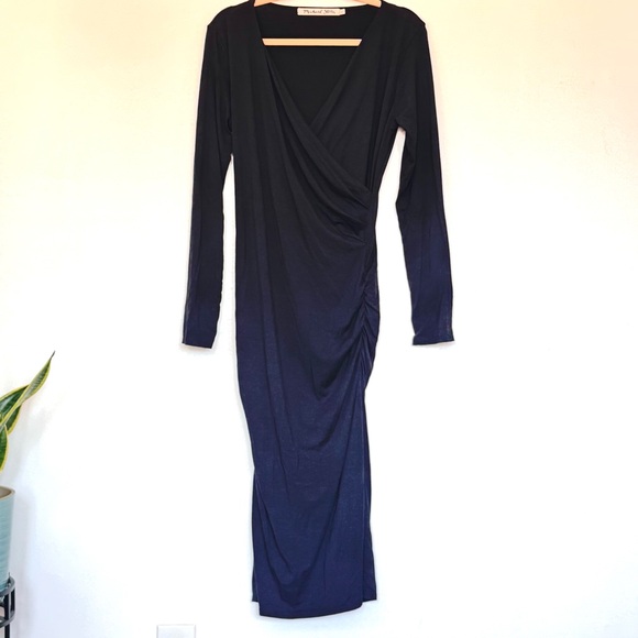 Michael Stars Ruched Wrap Long Sleeve Soft Stretchy Knit Black Midi Dress Sz L - Picture 2 of 9